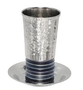 Picture of Yair Emanuel Anodized Aluminum Hammered Kiddush Cup with Saucer Stacked Rings Design Gray